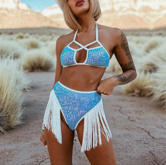 NEW NET Blue Sequin Fringe Festival Set, Cowgirl Costume Set, Western Fringe Set - Picture 2 of 4
